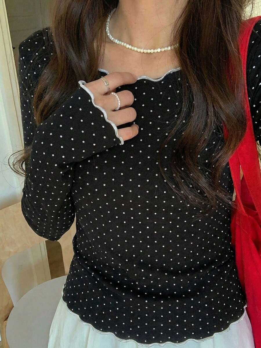 DAZY 女士波点薄纱长袖圆领打底衫,春夏款 - 黑色 - 查看 1