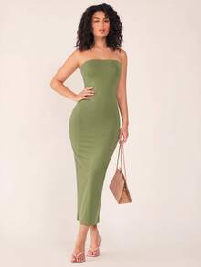 SHEIN BASICS 女士优雅纯色连衣裙，夏季 - 橄欖綠 - 查看 5