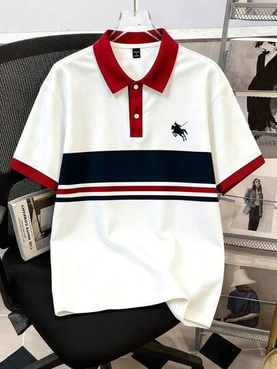 Manfinity Joysei Men's Simple Striped Polo Shirt, Suitable For Summer Outings And School