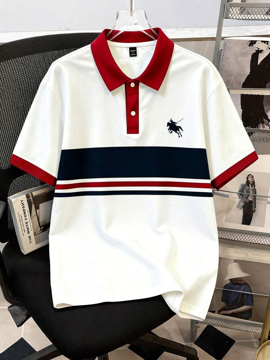 Manfinity Joysei Men's Simple Striped Polo Shirt, Suitable For Summer Outings And School - White - View 1