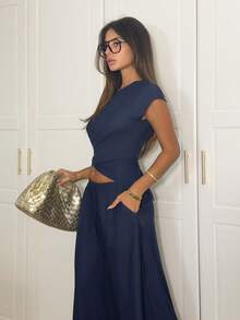 Ronhire New New Spring And Summer Leisure Vacation, Daily Outing, Versatile Wear, Elegant, Cruise Travel, Seaside, Beach, Vacation, Sunbathing, Popular Online Style, Small Round Neck, Overlapping Hem, Irregu Yoga Jumpsuit Wool Two Piece Women S Tall Clothing Yatch Outfit Women Work Outfits Women - Navy Blue - View 7