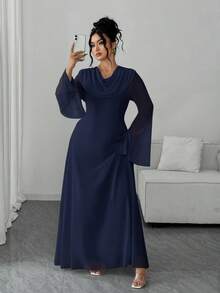 Elenzga Plus Size Women's Elegant Traditional Waist Cinched Long Sleeve Hooded Dress, Suitable For Autumn Outings, Wedding Fall Evening Formal Navy Blue - Navy Blue - View 1