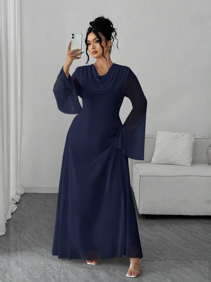 Elenzga Plus Size Women's Elegant Traditional Waist Cinched Long Sleeve Hooded Dress, Suitable For Autumn Outings, Wedding Fall Evening Formal Navy Blue - Navy Blue - View 1