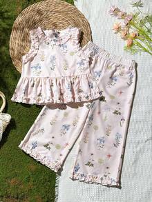 Vintaside Kids 少女夏季多彩甜美清新花卉裝飾圖案無袖背心上衣與長褲套裝，優雅荷葉邊飾，適合日常出遊、休閒聚會、朋友聚會及度假旅行 - 彩色 - 查看 1