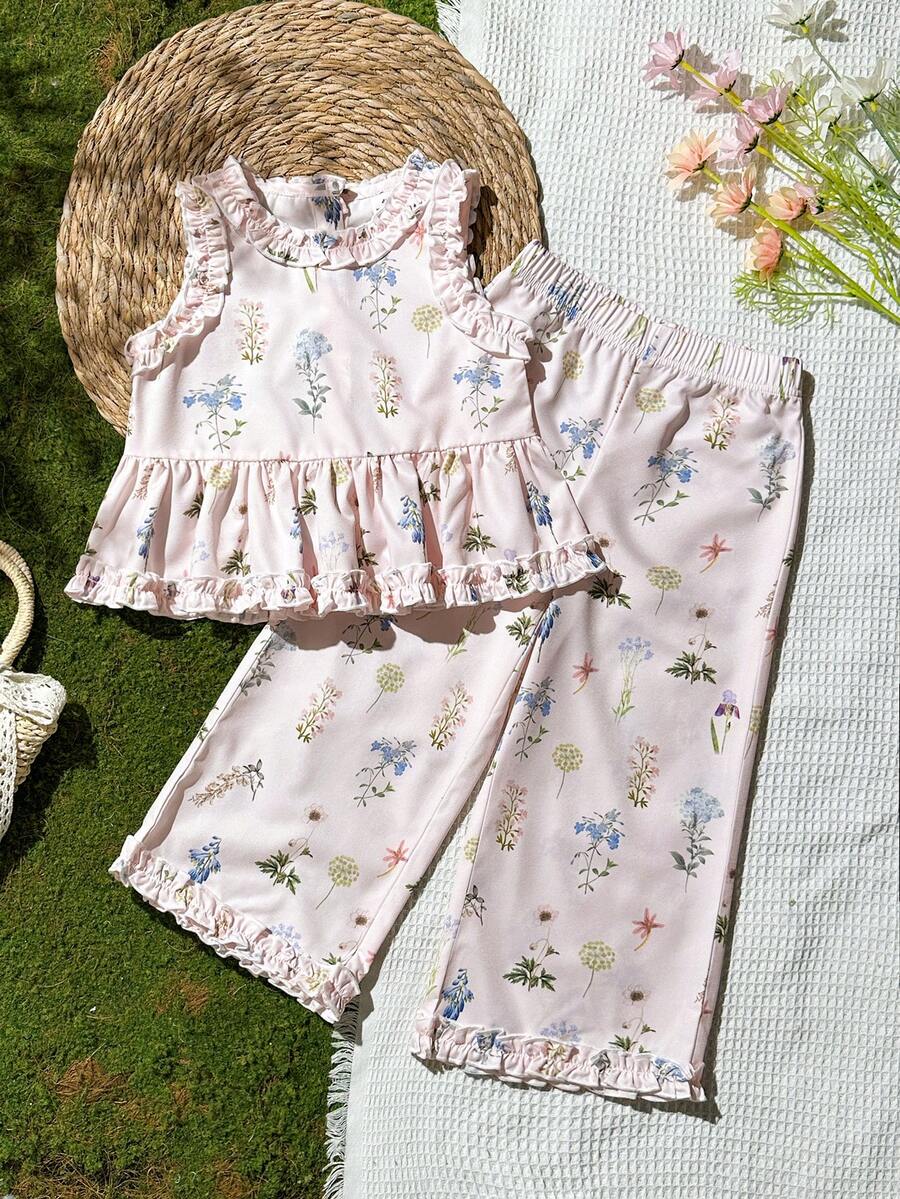 Vintaside Kids 少女夏季多彩甜美清新花卉裝飾圖案無袖背心上衣與長褲套裝,優雅荷葉邊飾,適合日常出遊、休閒聚會、朋友聚會及度假旅行 - 彩色 - 查看 1
