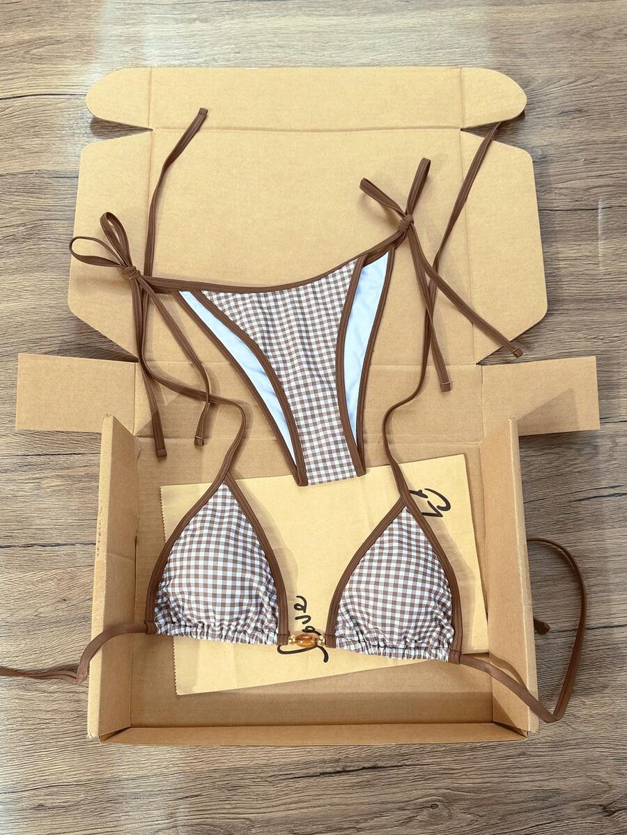 Swim Vcay 2026 Spring/Summer Spaghetti Strap Brown Plaid Random Print Amber Bead + Golden Bead Decor Side Tie Bikini Two Pieces Swimwear Set - Multicolor - View 1