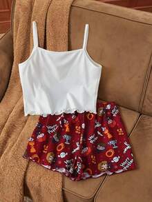 HARRY POTTER X SHEIN Bộ đồ ngủ gồm áo hai dây và quần short in hình hoạt hình dành cho bé gái tuổi teen. - Đỏ - Xem 2