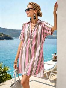 SHEIN Holidaya Women's V-Neck Pink And White Striped Shirt Dress, Summer Loose Straight Knee-Length Casual Tropical, Vacation, Holiday Blouse Dress, Versatile Beach - Multicolor - View 1