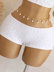 ROMWE Kawaii Bộ đồ bơi nữ phong cách Bohemian, áo hai dây ren trắng, quần short xếp tầng bèo nhún, thắt eo dây đen, phong cách Boho cho kỳ nghỉ bãi biển tiệc hồ bơi quyến rũ, mùa xuân lễ Phục sinh - trắng - Xem 9