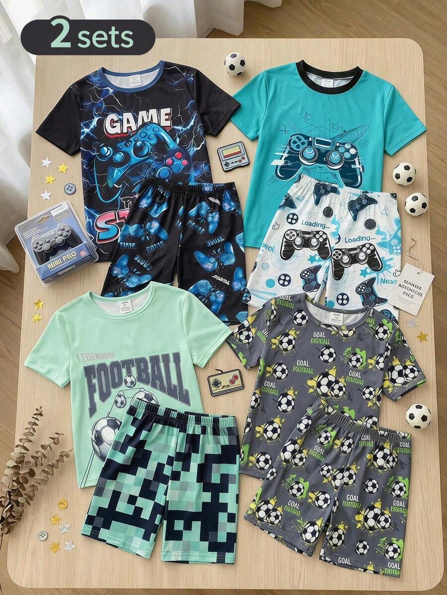 4pcs/Set Boys' Snug Fit Pajama Set,Black,Summer,Casual,Graphic,Family Matching Football Plaid Print Soft Stretchy Short Sleeve Top Shorts Loungewear - Multicolor - View 1