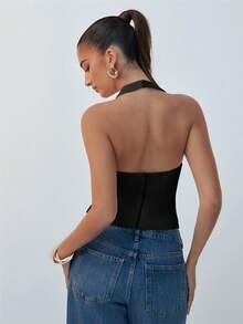 Hauture Solid Color Fashionable Sleeveless Deep Plunge Halter Neck Top - Black - View 2