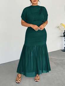 Firerie Plus Size Women's Elegant Dark Green Autumn Wedding Guest Dress,Delicate Sheer Mesh 2 In 1 Charming Extra Long Maxi Party Dress - Green - View 6