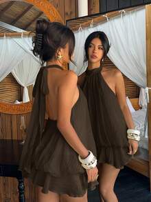 Vestido mini elegante de mujer de color amarillo claro con cuello halter y lazo, adecuado para citas y vacaciones - Cafetería - Ver 7