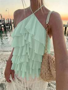 Aloruh Women's Elegant Romantic Tie-Up Neck Multi-Layer Ruffle Trim Teal Vacation & Date Top - Teal Blue - View 1
