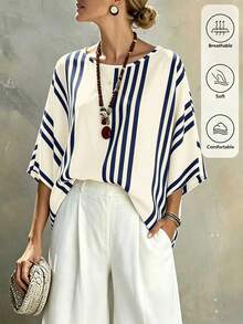SHEIN Holidaya 春夏季新款高端法式圓領條紋優雅女款襯衫，女款春夏季襯衫，女款度假襯衫，短袖上衣，春季服裝，夏季穿搭，女款條紋上衣，女款春夏季襯衫，度假穿搭 - 寶藍色 - 查看 1