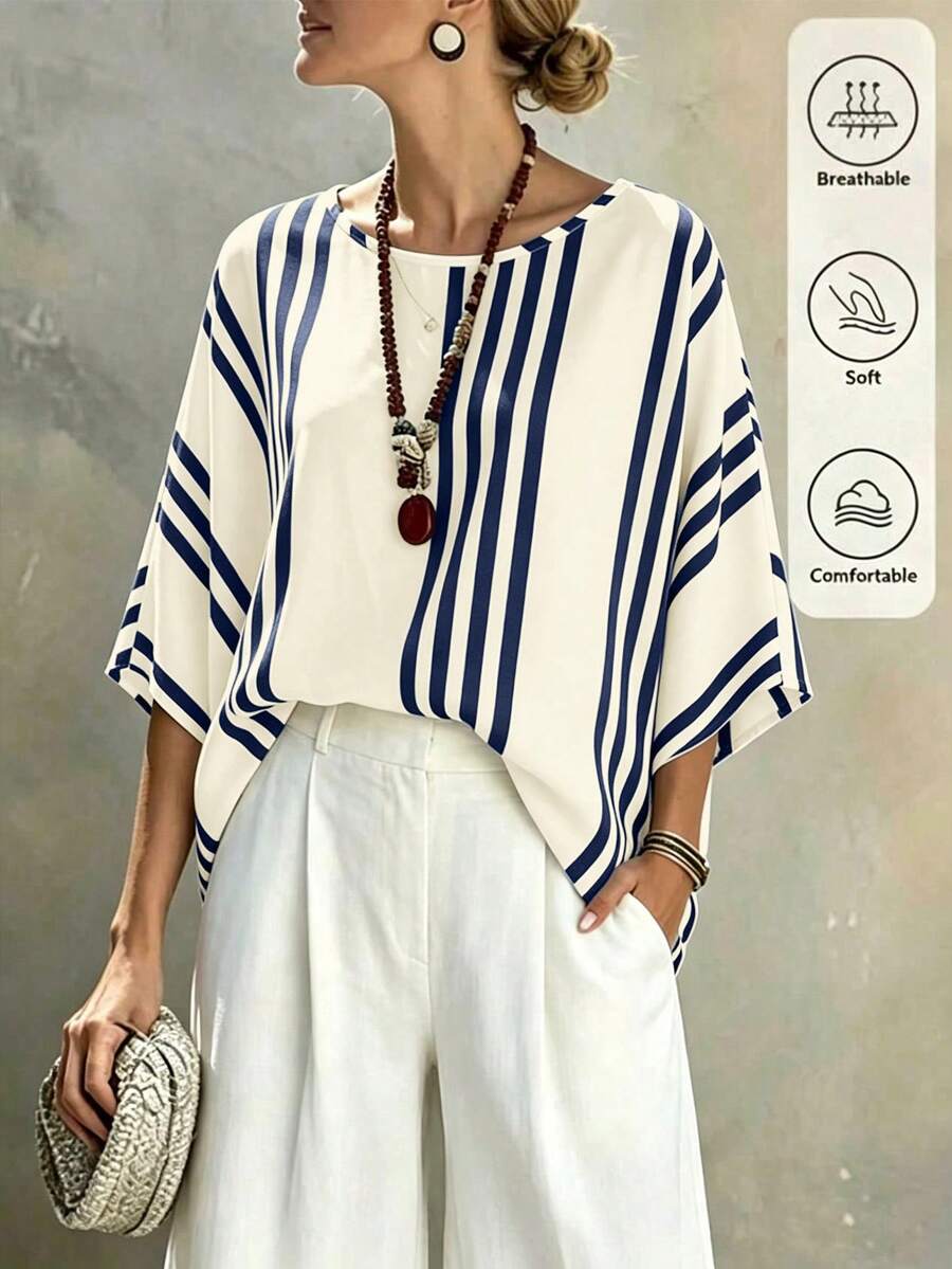 SHEIN Holidaya 春夏季新款高端法式圓領條紋優雅女款襯衫,女款春夏季襯衫,女款度假襯衫,短袖上衣,春季服裝,夏季穿搭,女款條紋上衣,女款春夏季襯衫,度假穿搭 - 寶藍色 - 查看 1