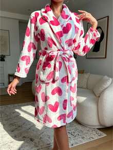 SHEIN 1 件女士浴袍，欧盟和美国简约风格长袖睡衣，粉色心形印花，秋季/春季，圣诞节，温暖法兰绒珊瑚绒，适合学生，韩式夏季，度假家居浴室装饰返校 - 白色 - 查看 6