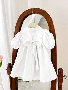 SHEIN LMoss Kids 女婴可爱短袖翻领连衣裙，夏季 - 白色 - 查看 7