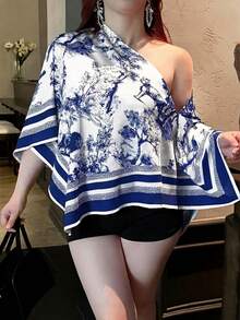 Vibekara 大尺碼女款 2026 夏季休閒優雅印花不對稱領長袖不對稱下擺寬鬆時尚襯衫，復古日落度假印花蝙蝠袖上衣，適用於日常、通勤、上學、外出、辦公室、約會 - 藍色 - 查看 5