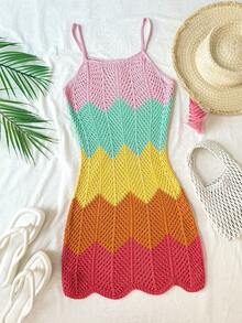 SHEIN Teen Girl Vacation Colorblock Hollow Out Cami Dress - Multicolor - View 2