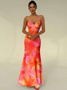 SHEIN PETITE CURVE Vestido de mujer talla grande con tirantes finos y nudo delantero, con estampado sexy de hibisco naranja, adecuado para uso en verano, con vibra hawaiana, ideal para la playa, la piscina, fiestas en resorts y cruceros. Vestido de mujer con estampado floral pequeño, atuendo de vacaciones de verano, perfecto para Coachella y festivales de música de verano - Naranja - Ver 7