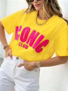 DrmWander Women's T-Shirt, Short Sleeve Graphic Tee, Casual Street Style, Cute Summer Top - 黃色 - 查看 3