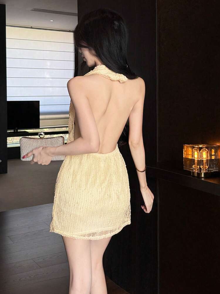 Spring & Summer Sheer Mesh Fabric Metal Buckle Decor Yellow Short Mini Dress For Women