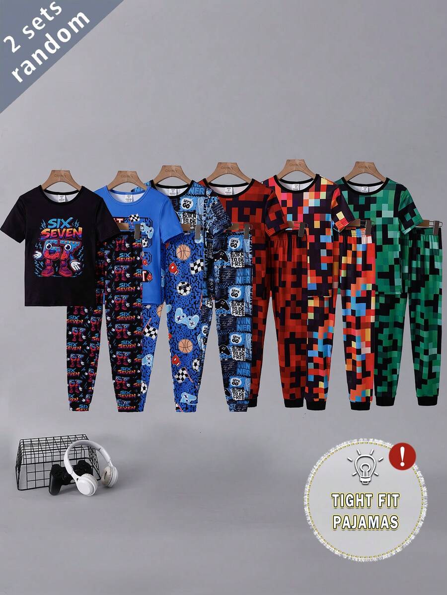 [2 Sets Random] 1 Set Tween Boy Snug Fit Pajamas Round Neck Short Sleeve & Long Pants Multicolor Checkered Cartoon Game Soccer Soft Knit Spring - Multicolor - View 1