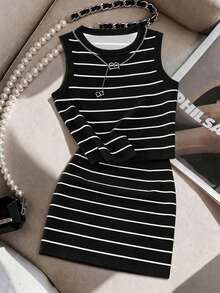 GlowEve 2 pièces/Set Top court sans manches à rayures bicolores et mini-jupe taille haute pour femmes, sexy et élégant, convient pour les rendez-vous, la Saint-Valentin, les fêtes, les vacances, les trajets quotidiens - Noir et Blanc - Voir 3