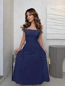 Vestido de mujer con tirantes en X de un solo color - Verde militar - Ver 6