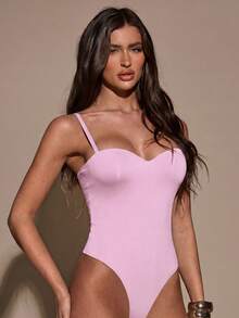 SHEIN BAE Women's Solid Color Minimalist Casual Bodysuit Club Night Light Pink Summer - Baby Pink - View 1