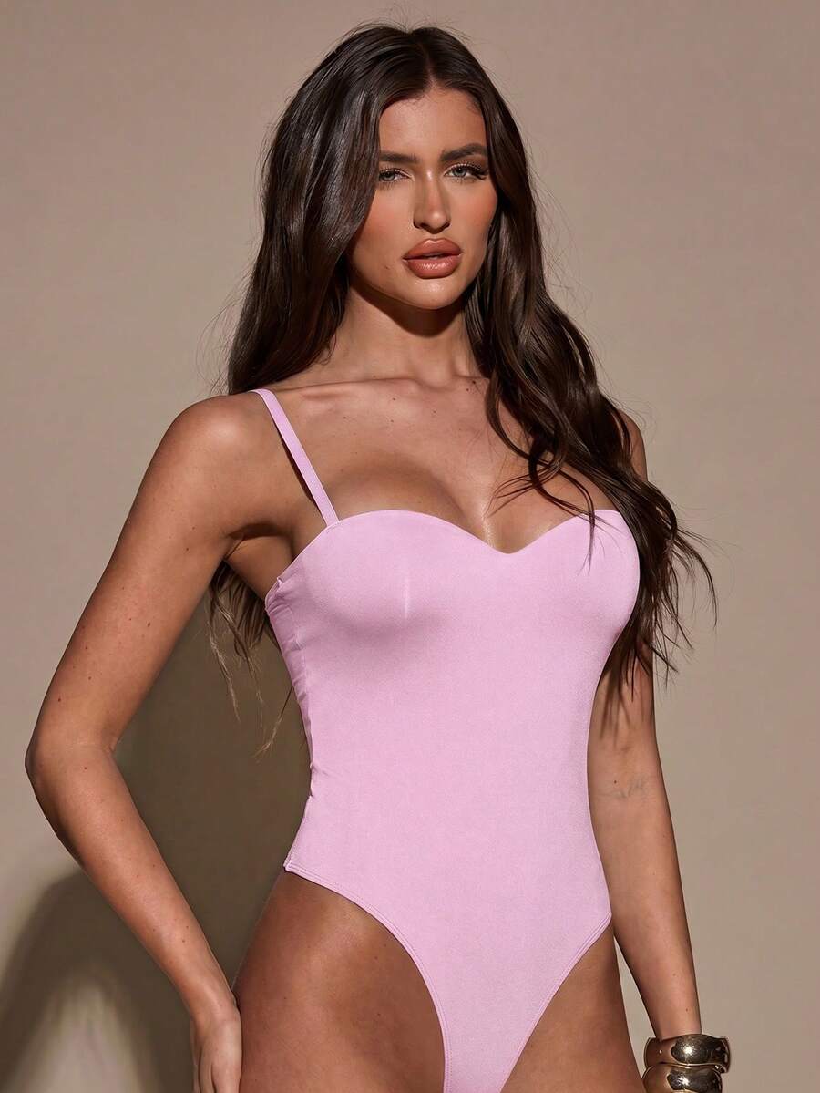 SHEIN BAE Women's Solid Color Minimalist Casual Bodysuit Club Night Light Pink Summer - Baby Pink - View 1