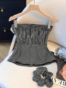 Franclia Women's Casual Plaid Print Ruched Bandeau Top With Hair Scrunchie - Black and White - View 2