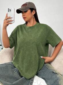 Solflare Kaos Lengan Pendek Longgar Rajut Vintage dengan Tampilan Cuci Asam Ukuran Besar, Hijau Zaitun - Dark Green - View 1