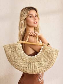 MOTF BOLSO DE MANO TIPO TOTE PARA MUJER, ELEGANTE BOLSO DE MODA CON FORMA DE ABANICO PARA VACACIONES - Beis - Ver 7