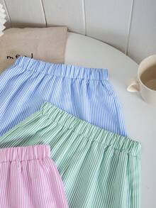 SHEIN 3件套少女条纹休闲短裤套装 - 綠色 - 查看 4