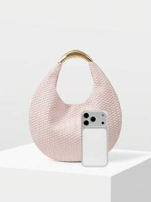 MOTF WOMEN'S FASHION LIGHT PINK WOVEN HANDBAG, EXQUISITE HARDWARE HANDLE, SIMPLE VACATION ROUND BAG, SUITABLE FOR DAILY, COMMUTING, SUMMER VACATION, TRAVEL, PARTIES, WEDDINGS, DRESS MATCHING - Light pink 1 - View 4