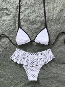 Swim Mod 女款復古紅白波點印花比基尼套裝，對比滾邊性感微型比基尼三角上衣與超短裙，時尚休閒度假甜美復古性感泳衣 - 黑與白 - 查看 3