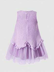 Elladie kids 女童优雅无袖蓝色提花连衣裙，配蓝色网纱荷叶边蝴蝶结，适合女孩参加派对、活动和日常穿着。 - 紫色 - 查看 2