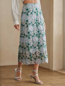 Anewsta Elegant Romantic Contrast Color Lace Voile Vacation, Date, Commute Waist-Cinched Straight Skirt For Women, Spring/Summer - Multicolor - View 4
