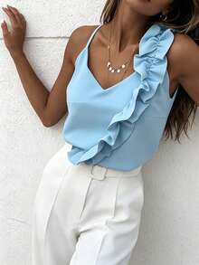 EMERY ROSE Women's Sweet V-Neck Ruffle Trim Sexy Backless Camisole - Baby Blue - View 6