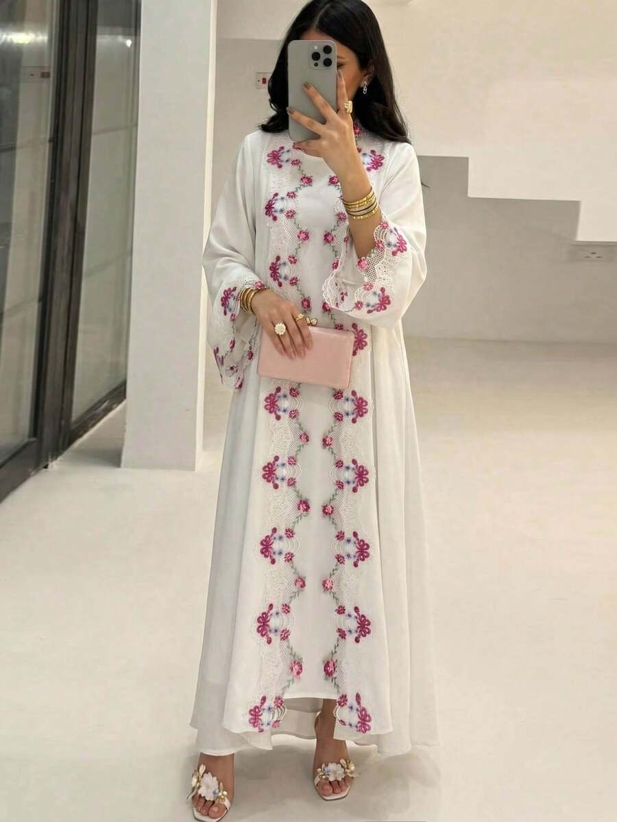 Yasmyna Elegant Vintage Custom Romantic Lace Patchwork Loose 2 Pieces Set For Women White Abaya - White - View 1
