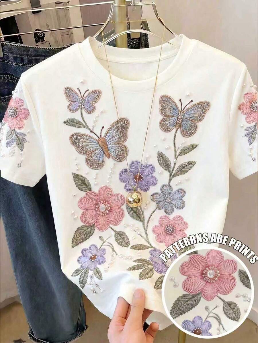 Áo kiểu vintage thường ngày cho bé gái, họa tiết hoa, thêu giả đính cườm, in hình hoa và bướm, cổ tròn, tay ngắn, thích hợp cho các hoạt động ngoài trời mùa hè, kiểu dáng đồng quê với họa tiết thực vật và bướm. - Nhiều màu - Xem 1