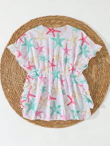 SHEIN Girls Toddler Ruffled Hem Random Starfish Print Beach Cover-Up - Pink - View 2