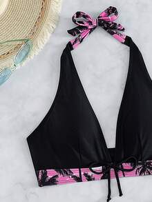 SHEIN Swim Conjunto de bikini de mujer con estampado de árbol de coco para playa de verano (estampado aleatorio) - Rosa - Ver 4