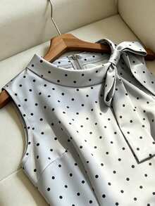 SHEIN PariChic 女款淺灰色夏季洋裝，70年代復古茶會風，優雅蝴蝶結領修身工作套裝迷你裙，休閒商務辦公畢業穿著 - 灰色 - 查看 5
