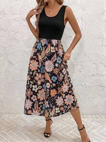 SHEIN Clasi 女士印花无袖中长休闲连衣裙，夏季 - 黑色 - 查看 3