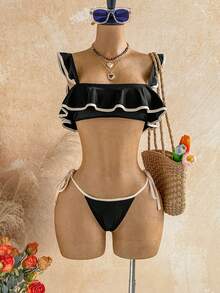 Soleia Contrast Color Trim Square Neck Ruffle Trim Bikini Set - Black - View 3
