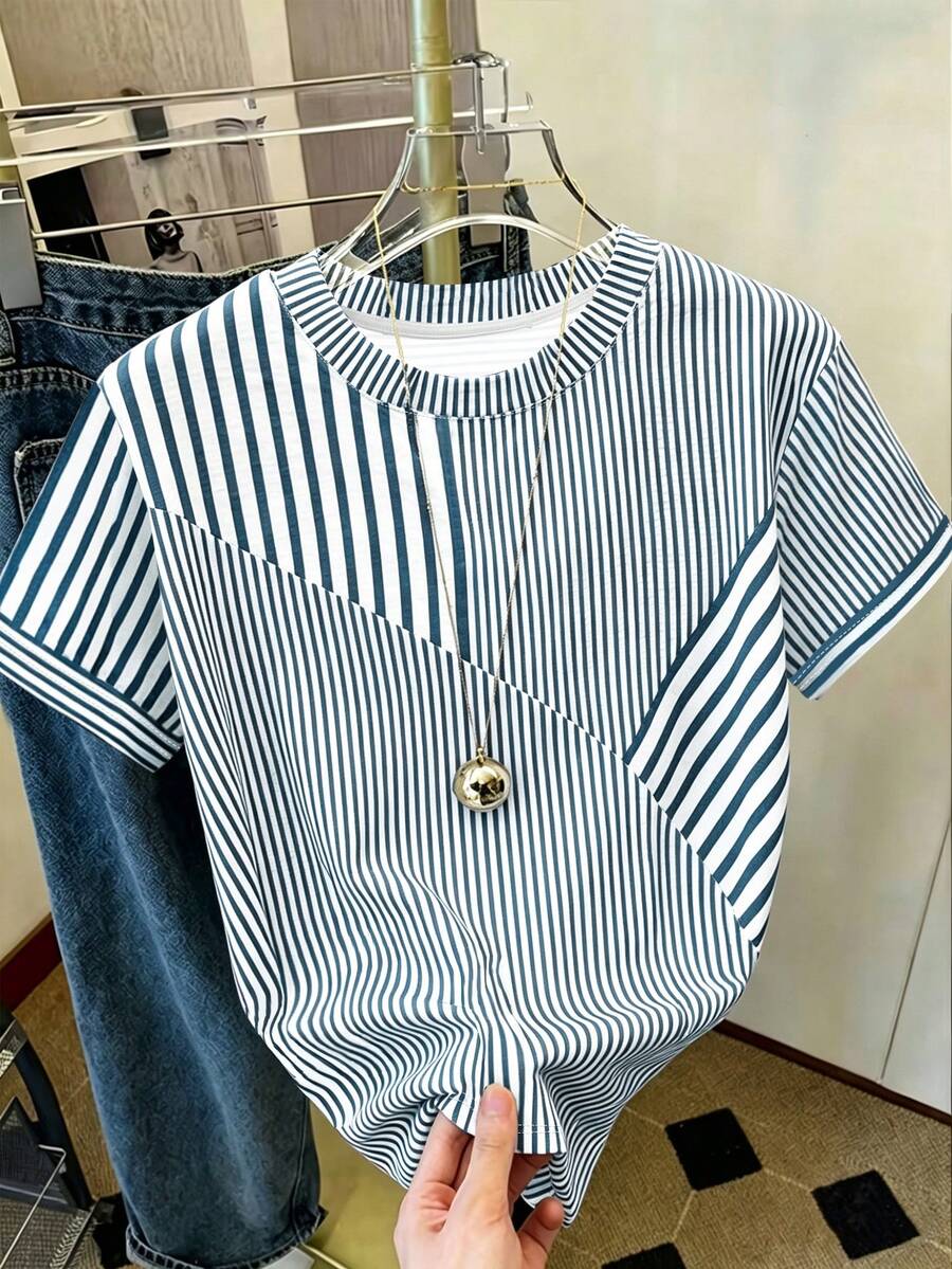 INAWLY Camiseta de mujer de ajuste regular, con estampado de rayas, tonos de color de verano, parte superior casual y versátil para exteriores, diseño elegante, adecuada para salidas de verano, uso diario, exteriores, compras, viajes - Multicolor - Ver 1