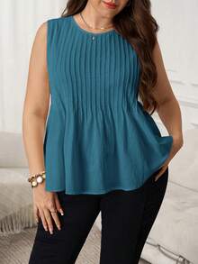 SHEIN LUNE Plus Size Summer Casual Solid Color Round Neck Textured Tank Top - Blue - View 8
